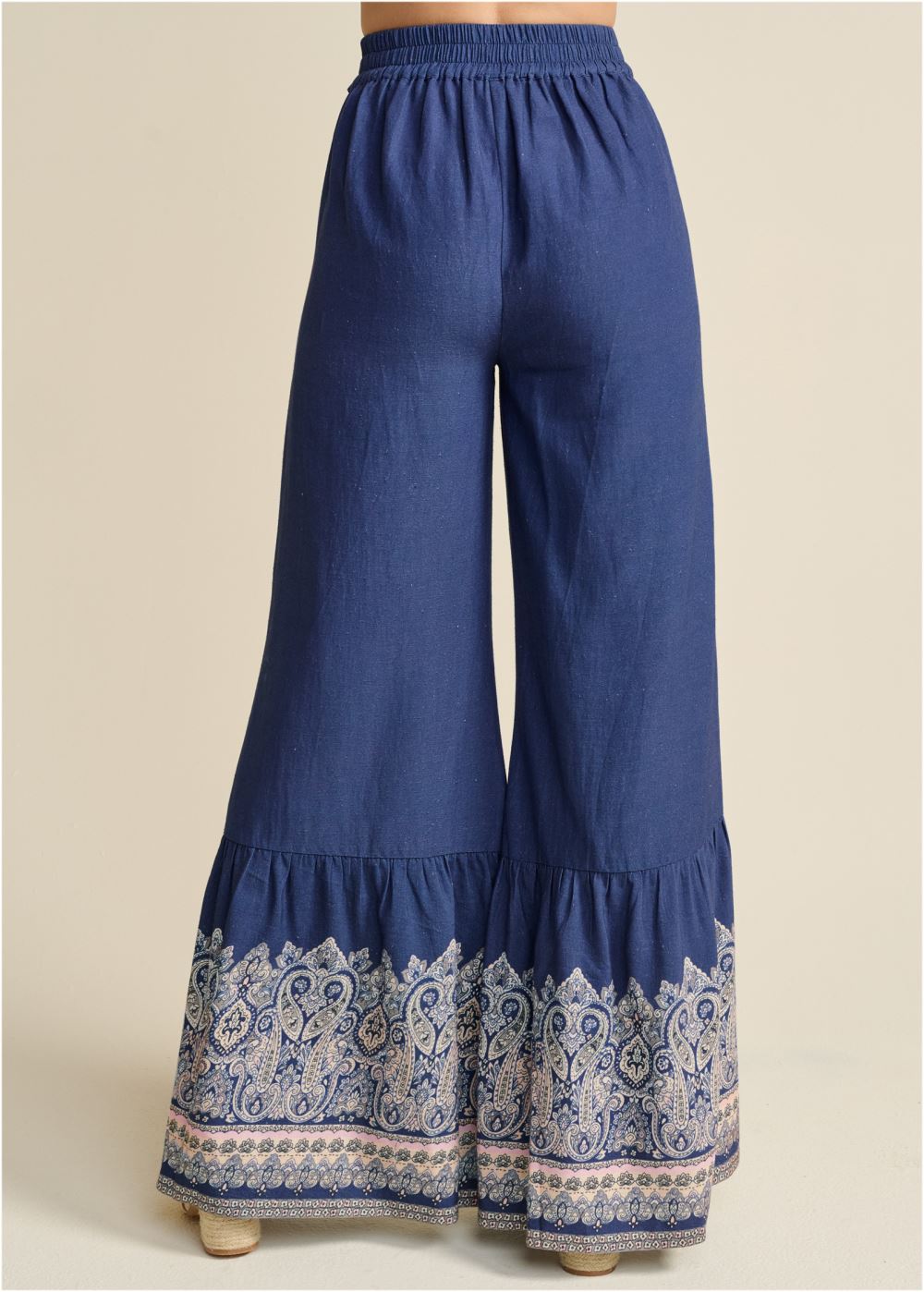 Venus Plus Size Linen Border Print Pants in Navy Multi