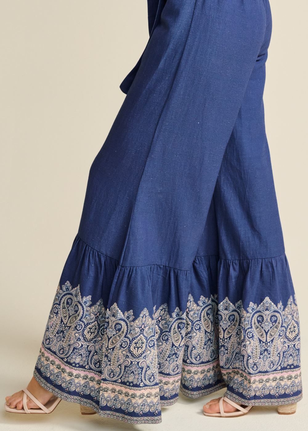 Venus Plus Size Linen Border Print Pants in Navy Multi