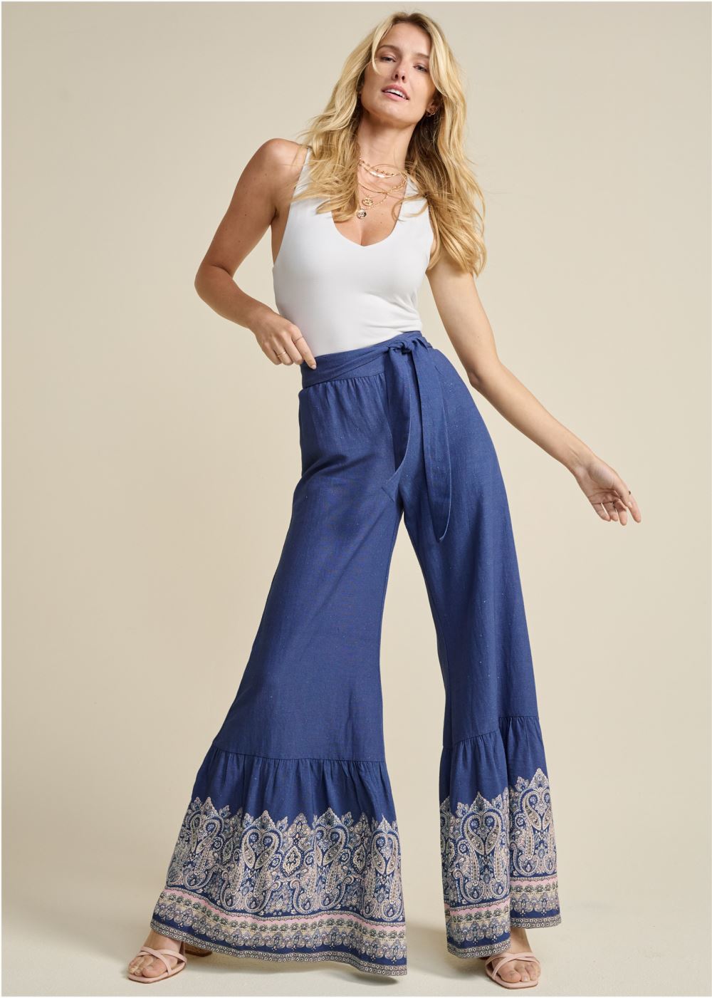 Venus Plus Size Linen Border Print Pants in Navy Multi