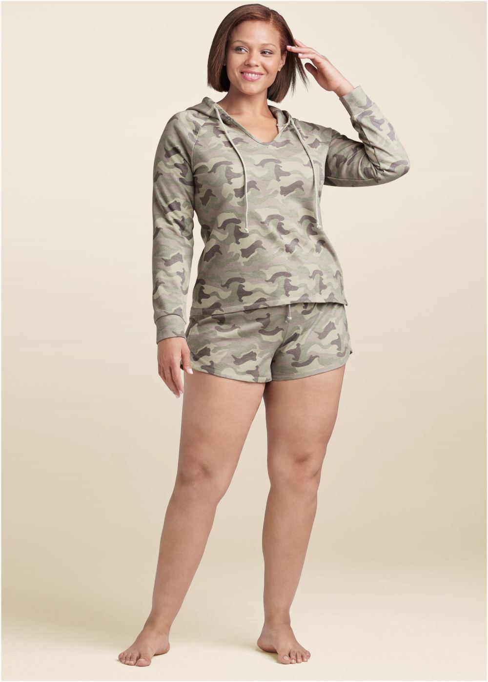 Venus Plus Size Lounge Hoodie Shorts Set - Green Multi