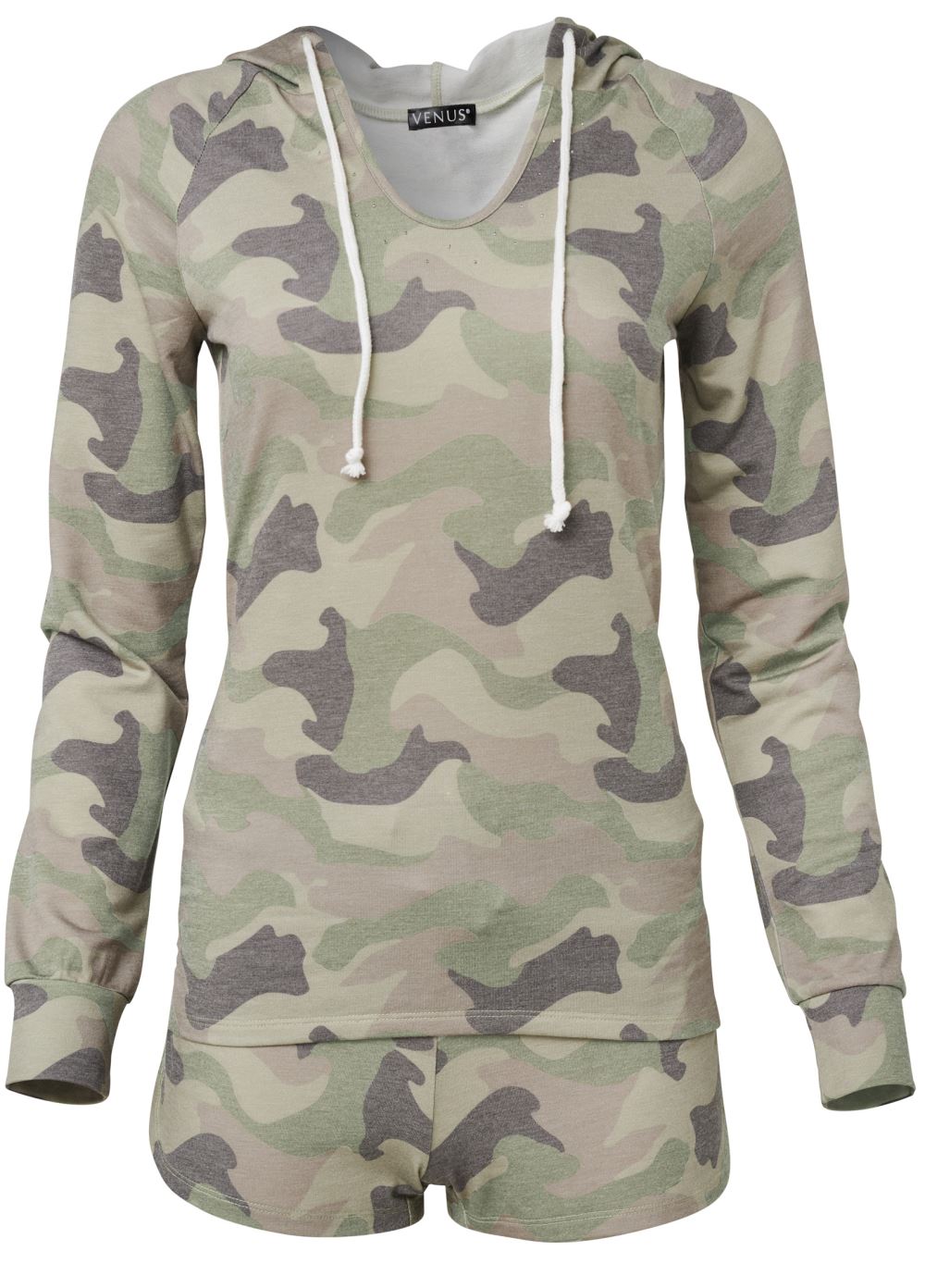 Venus Plus Size Lounge Hoodie Shorts Set - Green Multi