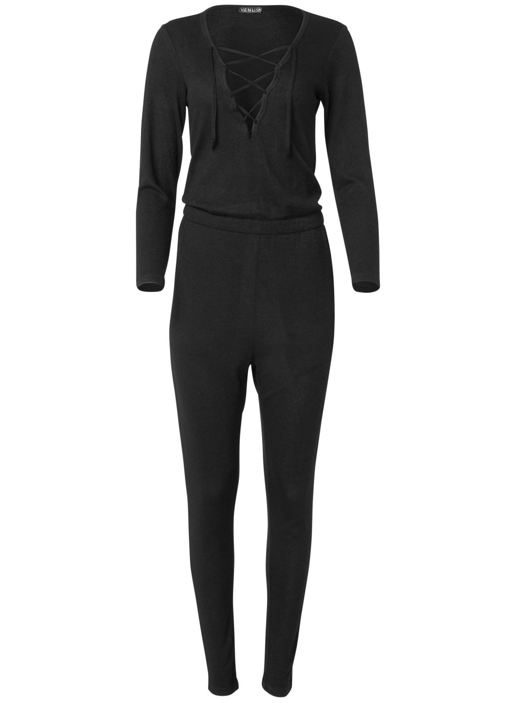 Venus Plus Size Cozy Hacci Lace-Up Jumpsuit in Black