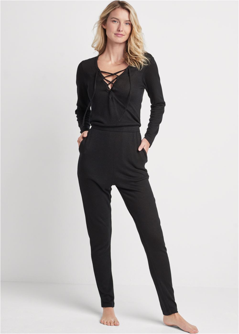 Venus Plus Size Cozy Hacci Lace-Up Jumpsuit in Black
