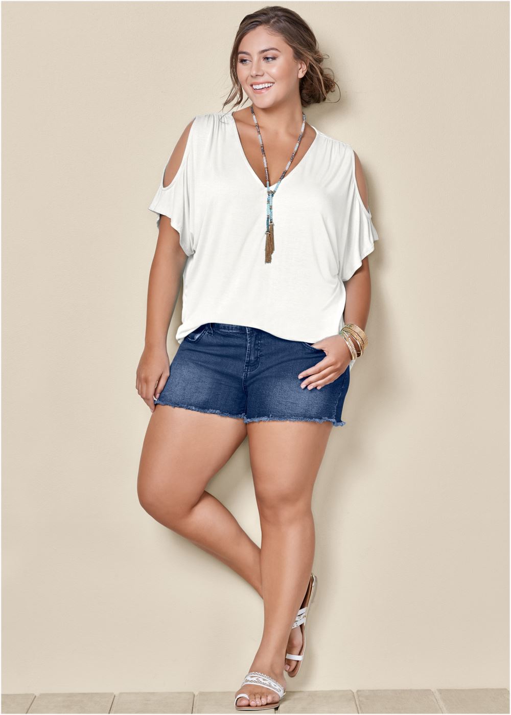 Venus White Cold-Shoulder V-Neck Top