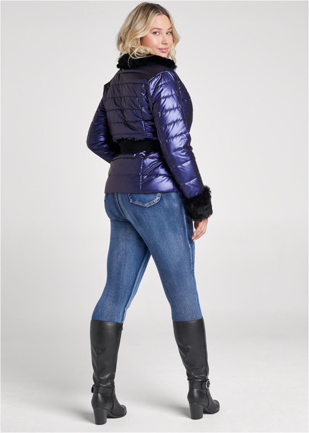Venus Faux-Fur Trim Puffer Jacket in Blue