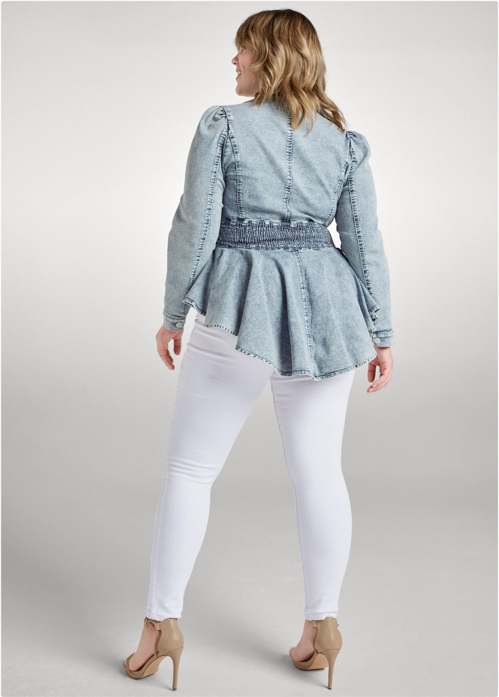 Venus Smocked Peplum Jean Jacket in Cool Wash