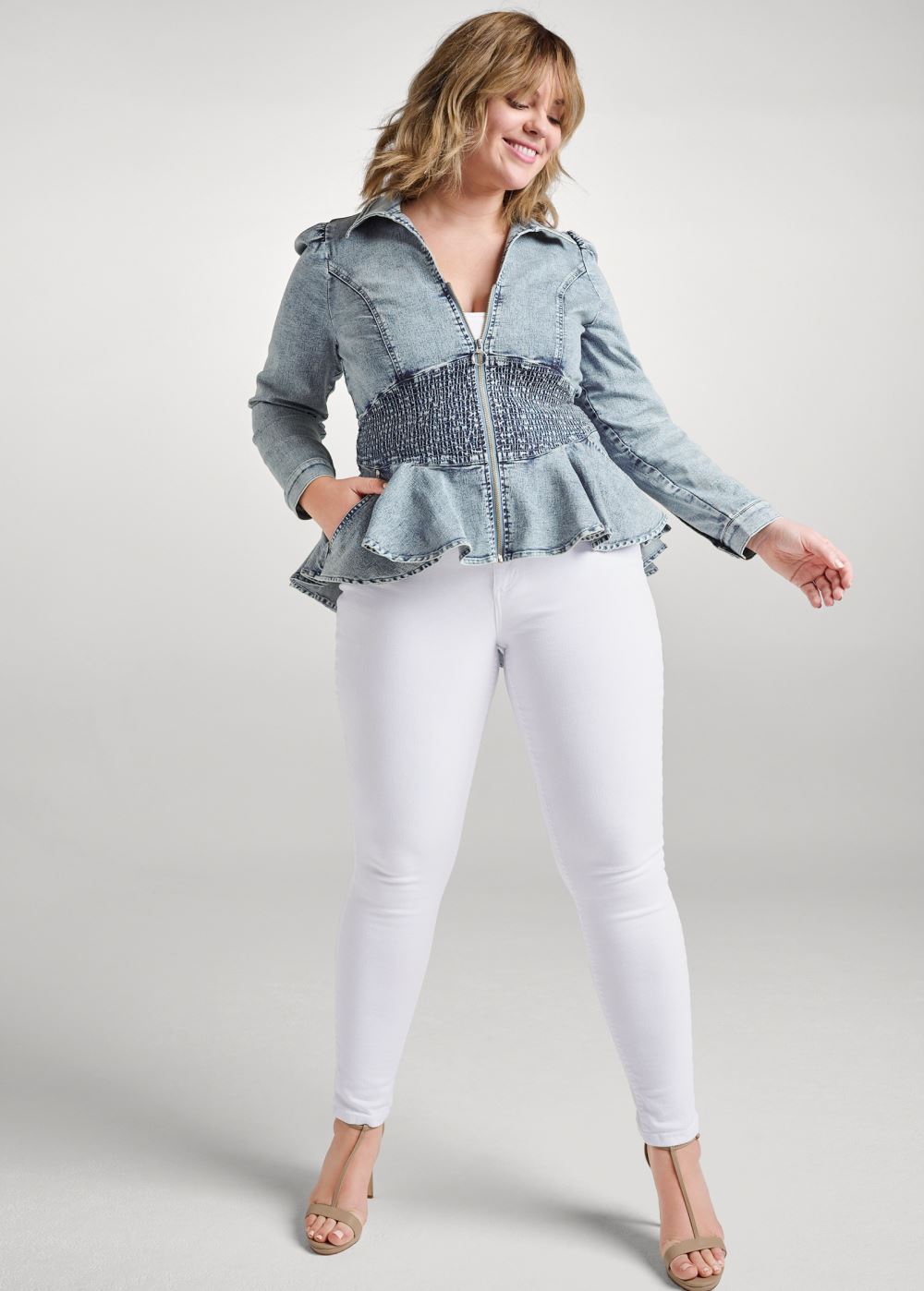 Venus Smocked Peplum Jean Jacket in Cool Wash