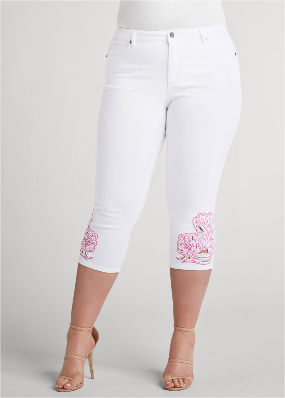 Venus Plus Size Embroidered Trim Capris in White Multi