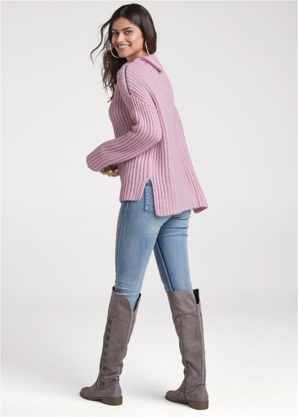 Venus Plus Size Zipper Detail Sweater in Pink
