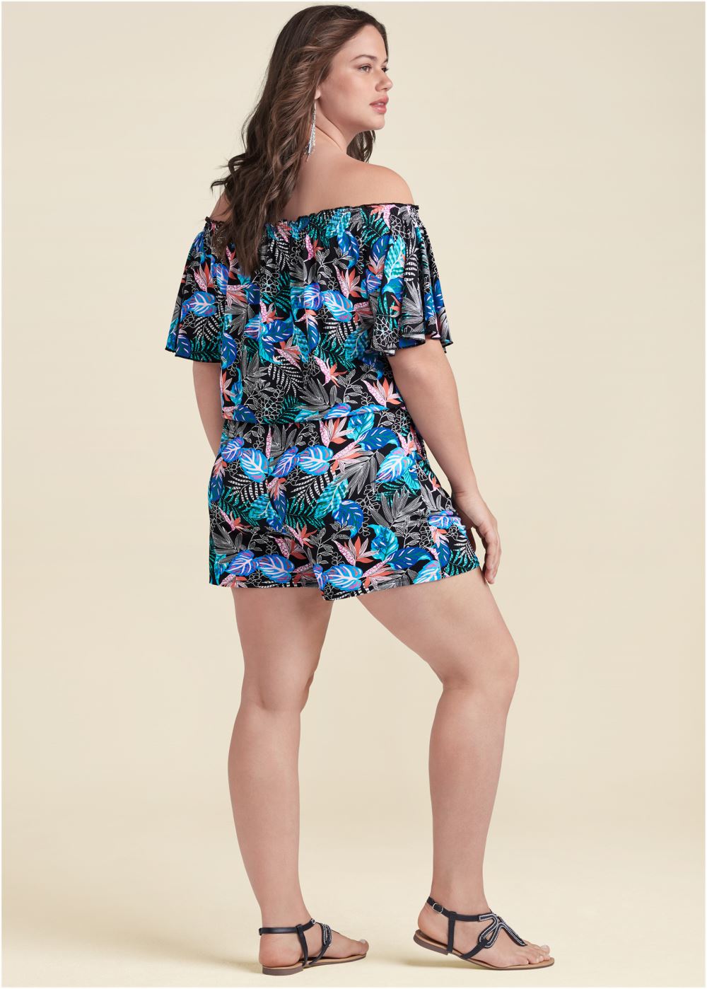 Venus Plus Size Printed Off-Shoulder Romper in Blue Multi