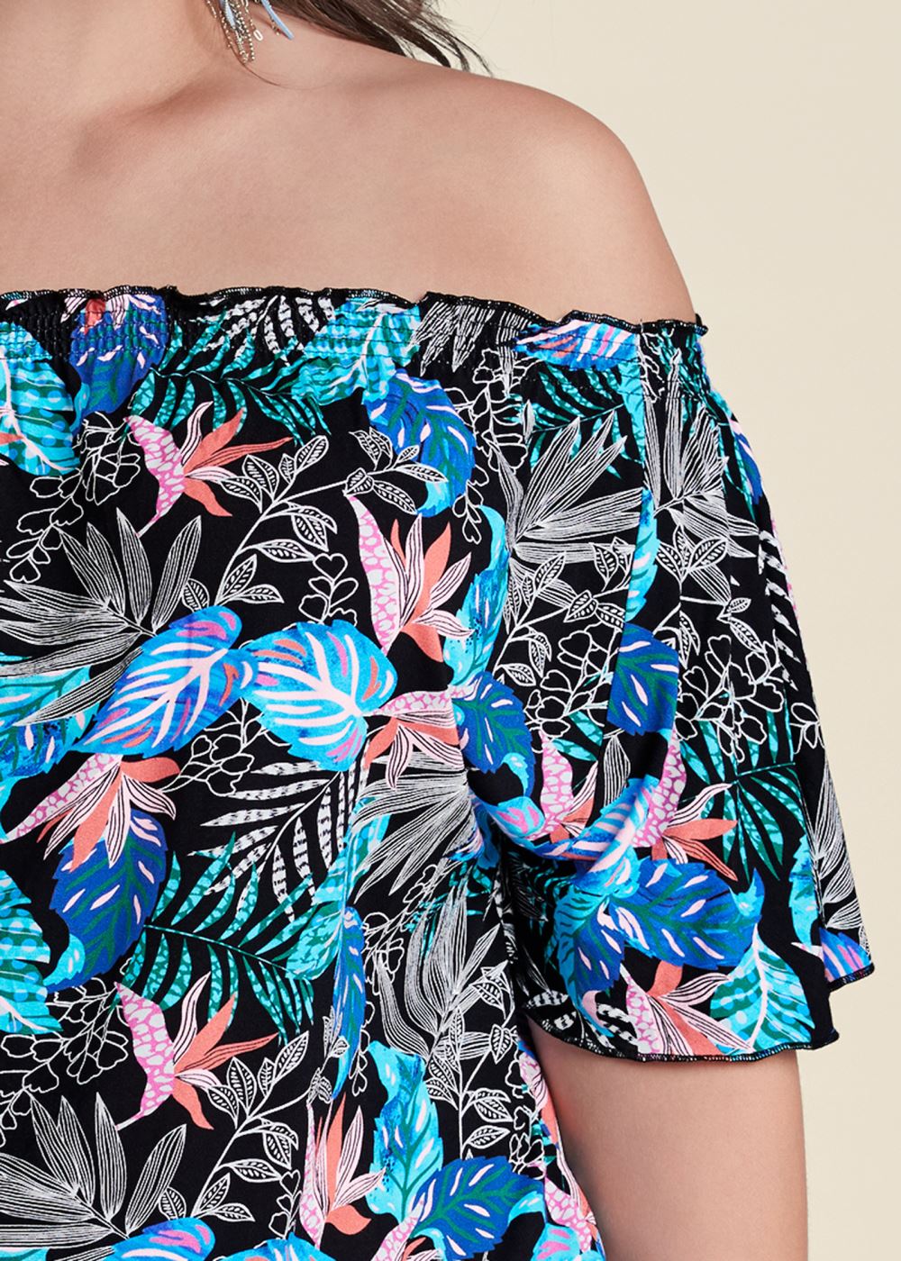 Venus Plus Size Printed Off-Shoulder Romper in Blue Multi