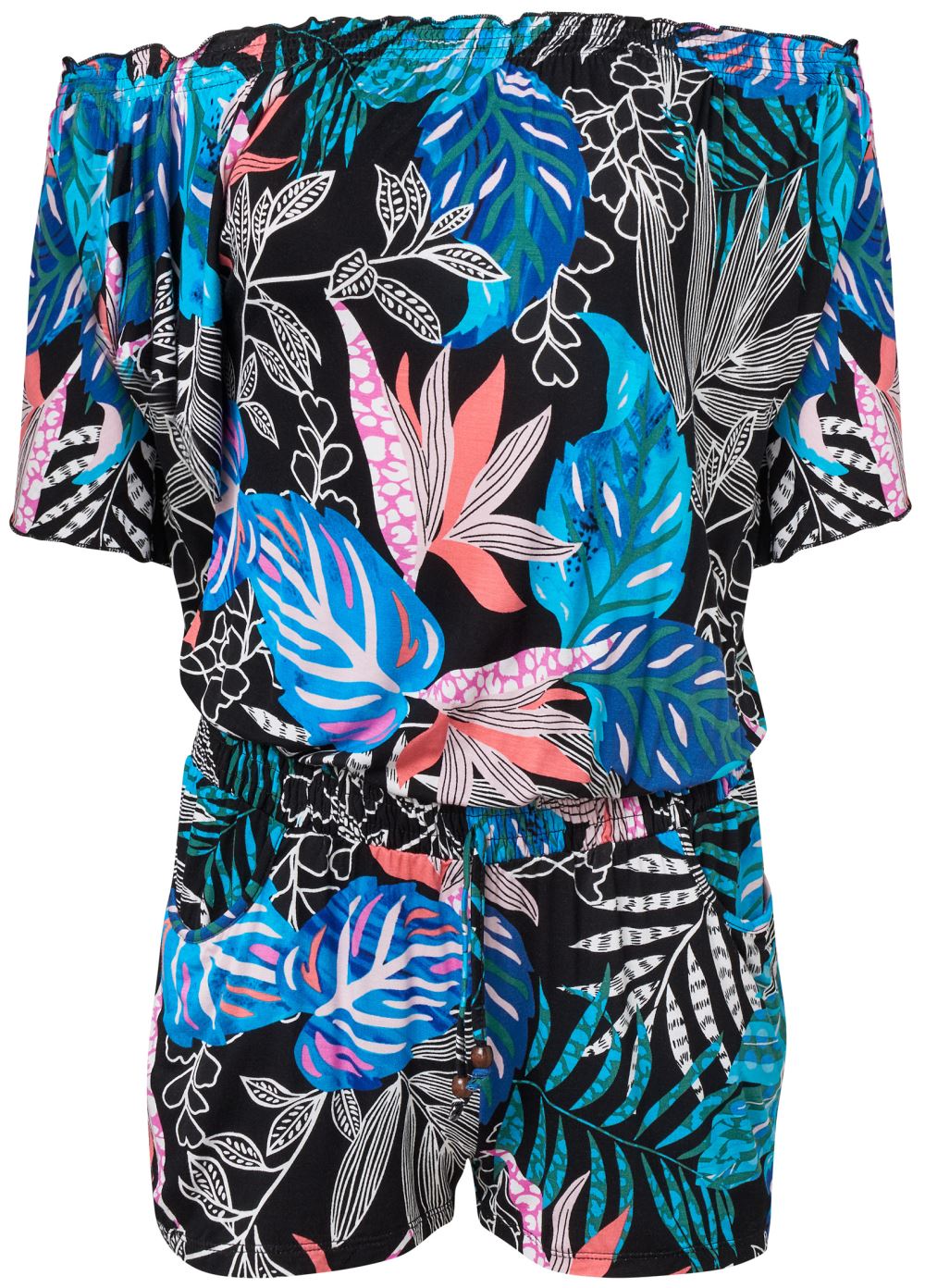 Venus Plus Size Printed Off-Shoulder Romper in Blue Multi