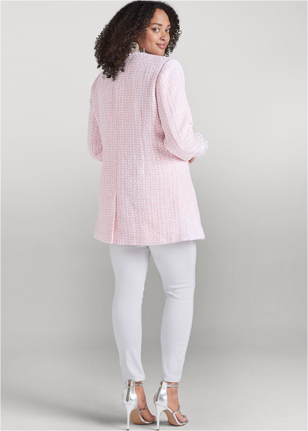 Venus Open Front Tweed Fringe Jacket in Pink & White