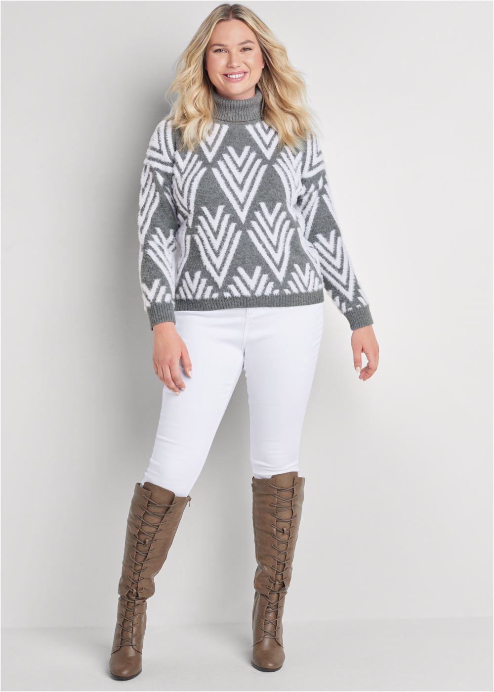 Venus Plus Size Printed Eyelash Turtleneck Sweater in Grey Multi