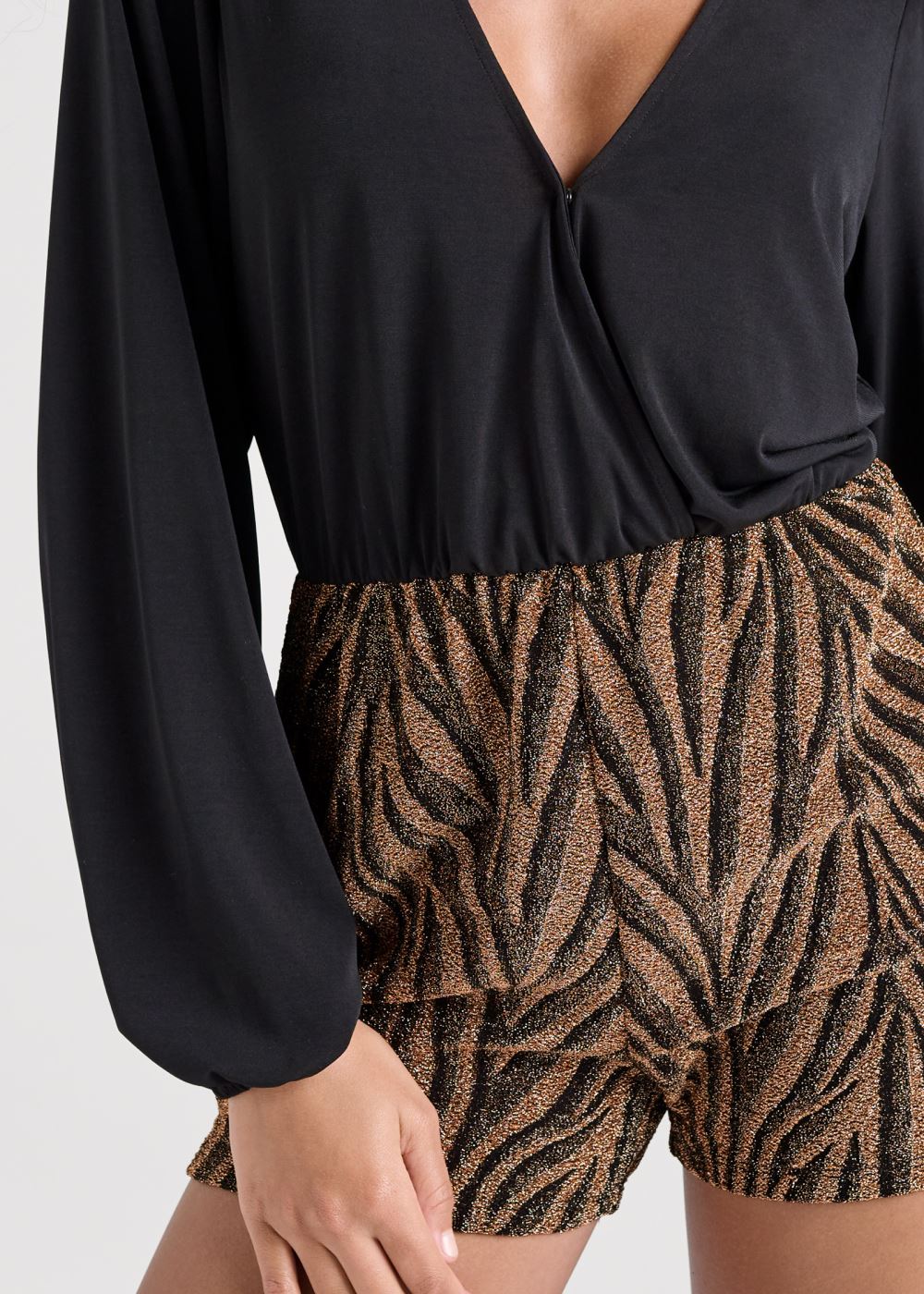 Venus Plus Size Animal Print Shimmer Romper in Black Multi