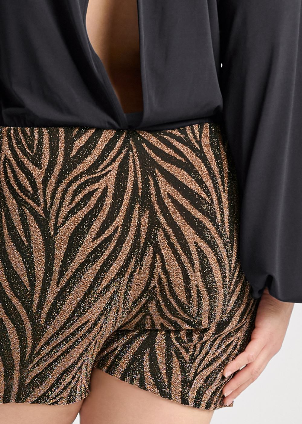 Venus Plus Size Animal Print Shimmer Romper in Black Multi