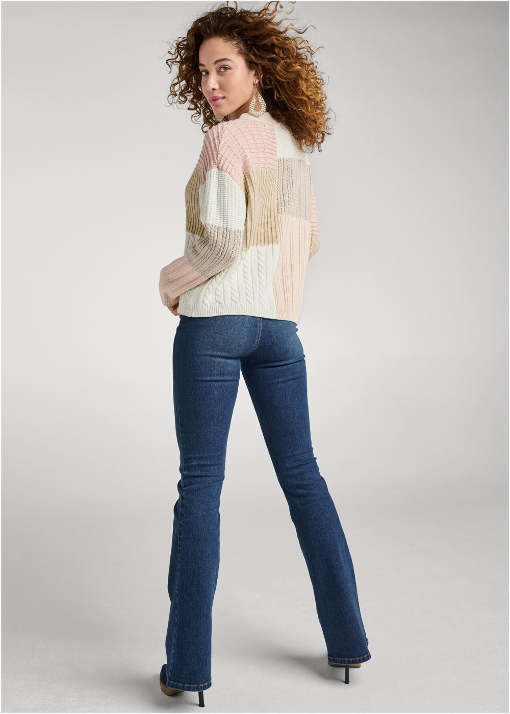 Venus Plus Size Patchwork Cable Knit Cardigan in Cream Multi