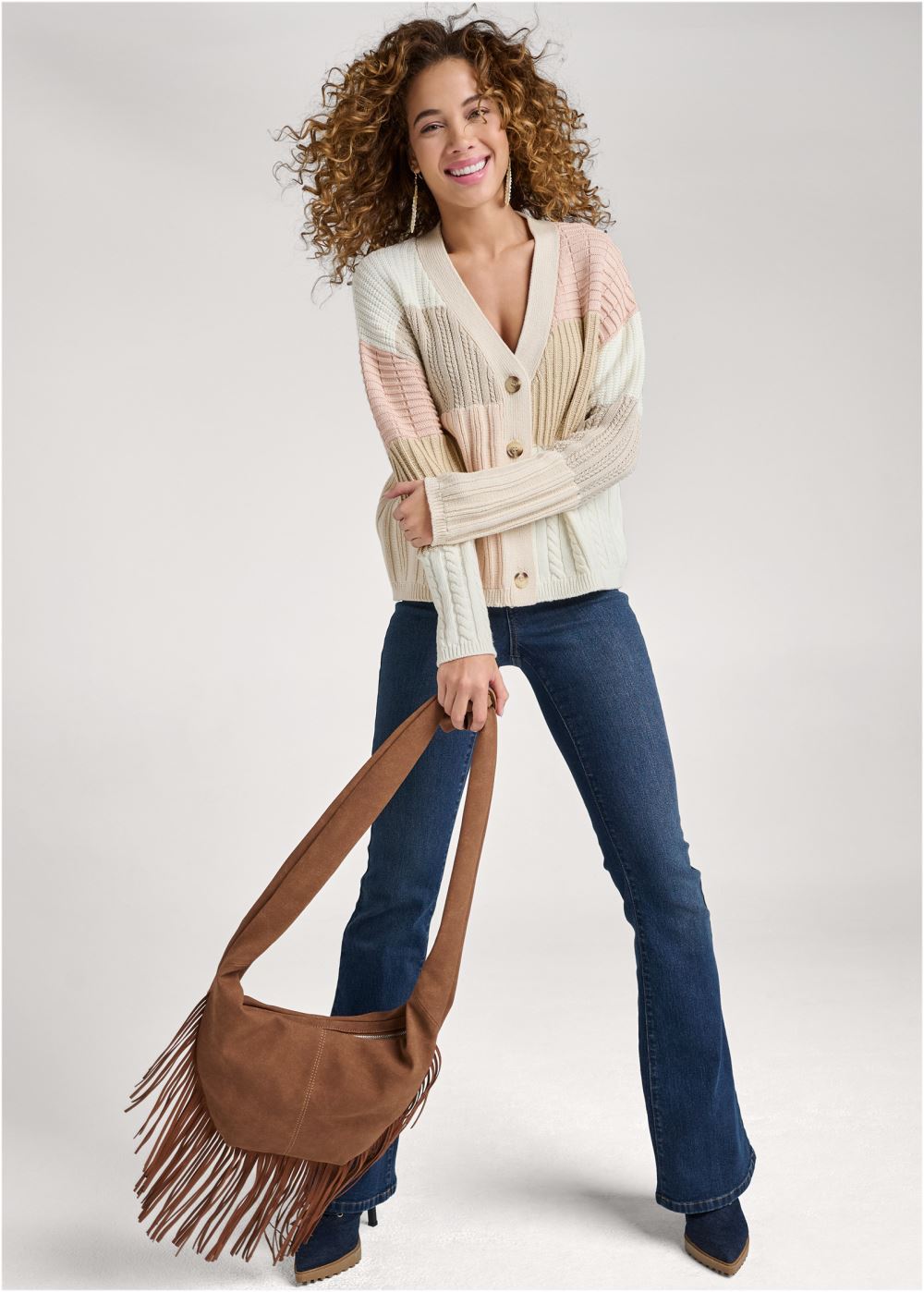 Venus Plus Size Patchwork Cable Knit Cardigan in Cream Multi