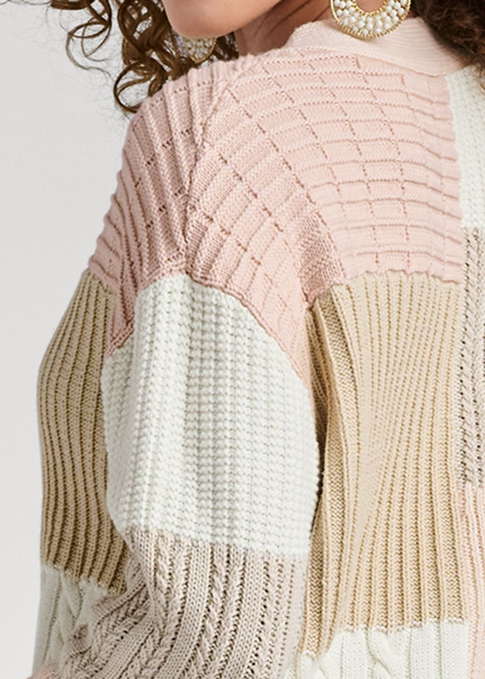 Venus Plus Size Patchwork Cable Knit Cardigan in Cream Multi
