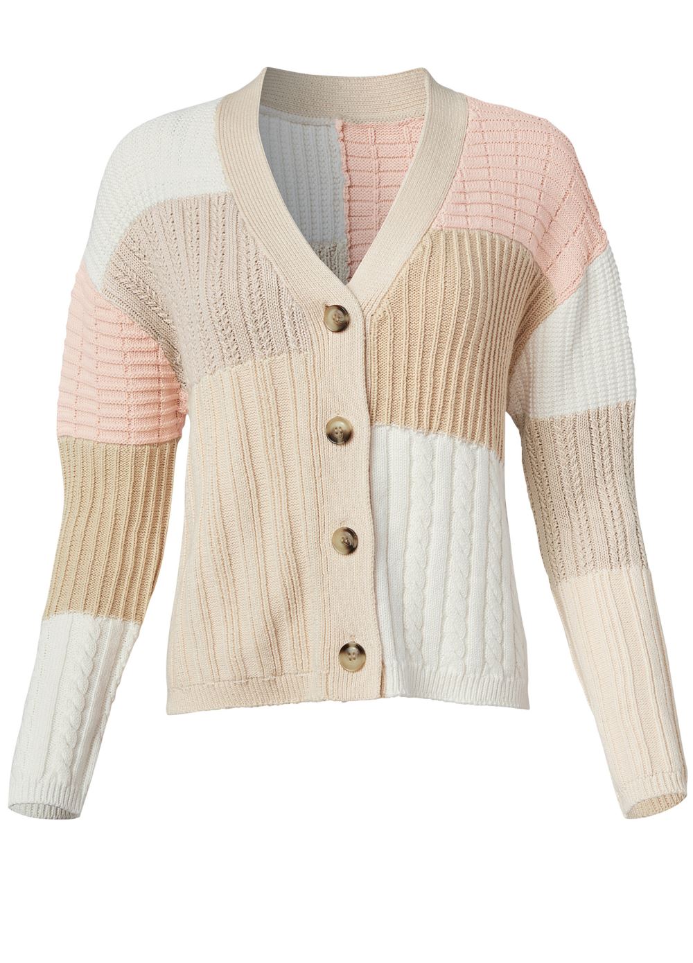 Venus Plus Size Patchwork Cable Knit Cardigan in Cream Multi