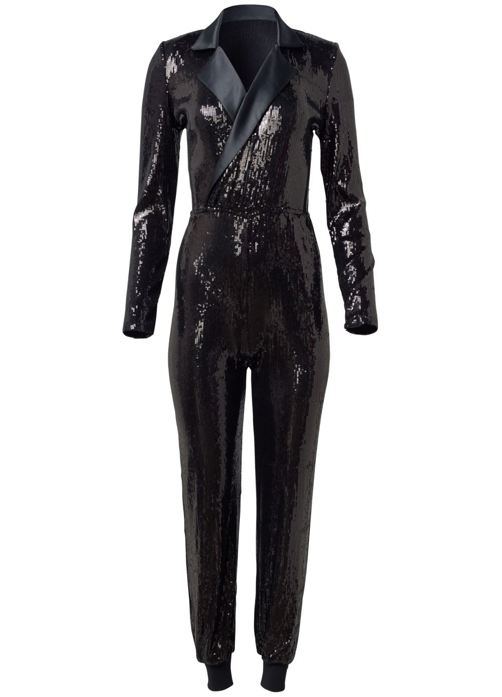 Venus Plus Size Tuxedo Sequin Jumpsuit in Black