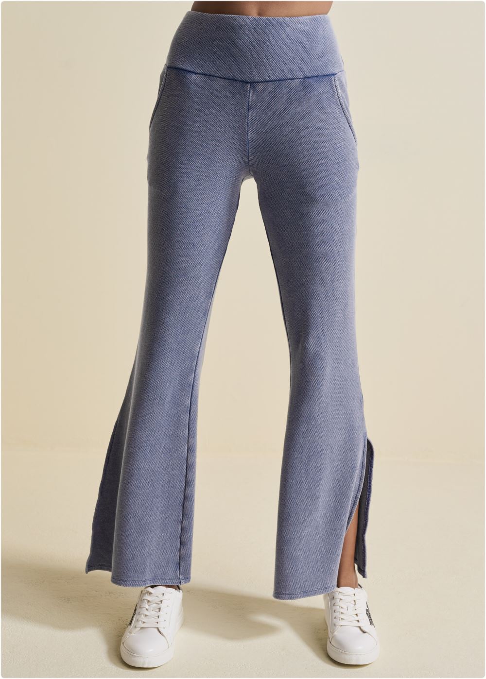 Venus Plus Size Washed Slit Flare Leg Pants in Dark Blue