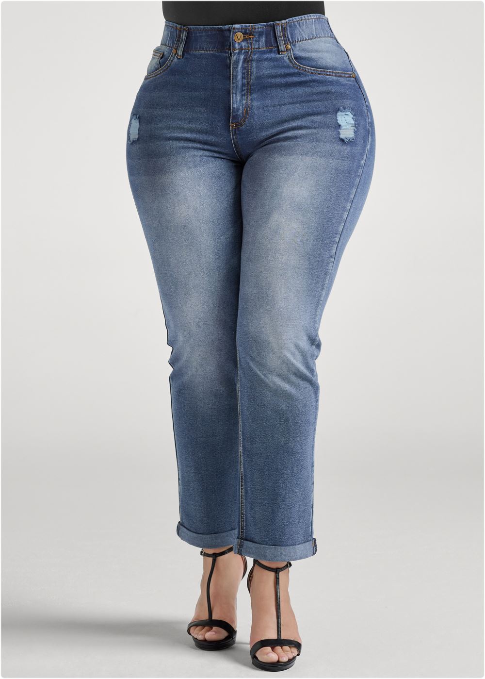 Venus Plus Size Elastic Waistband Cuffed Jeans in Medium Wash