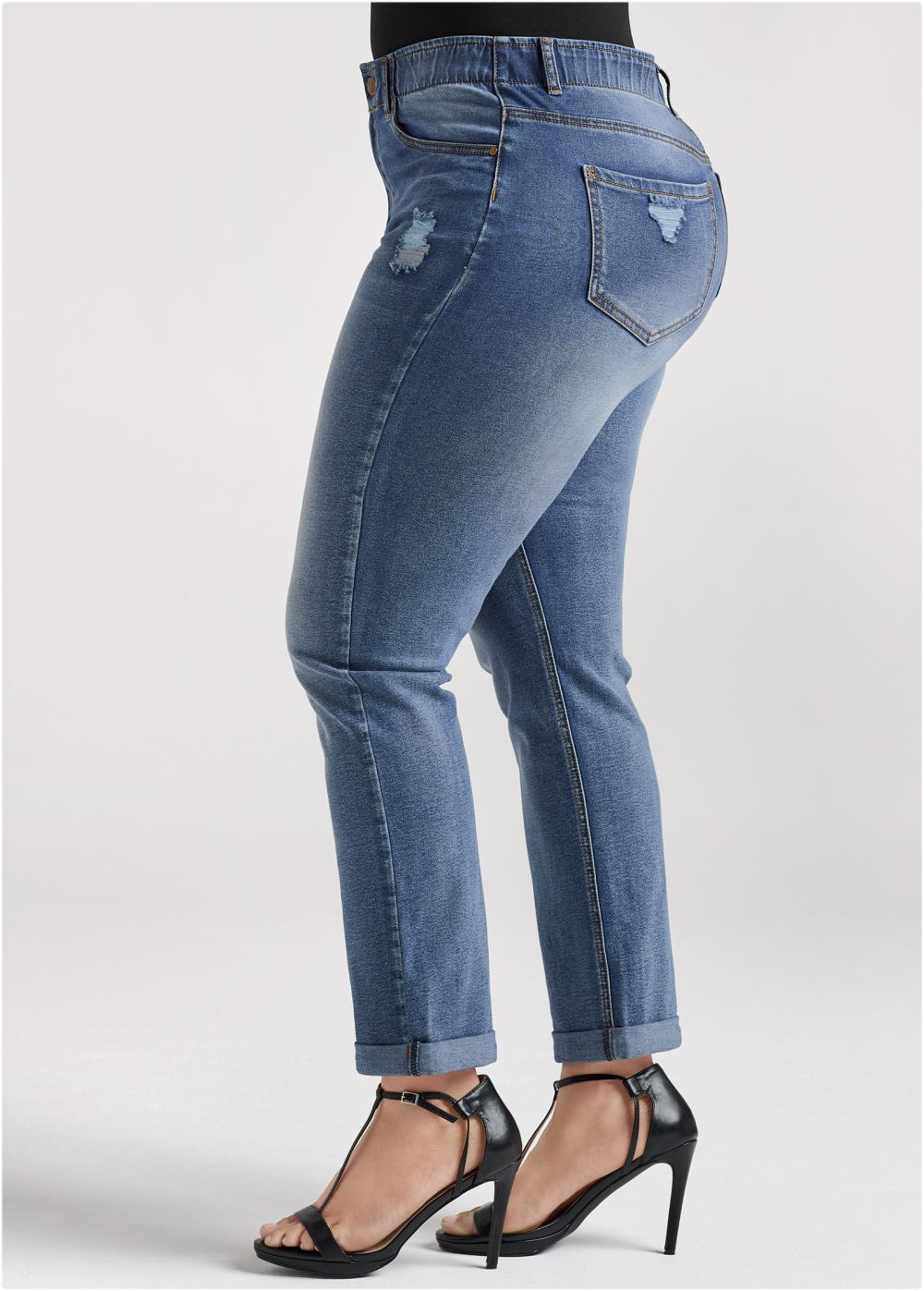 Venus Plus Size Elastic Waistband Cuffed Jeans in Medium Wash