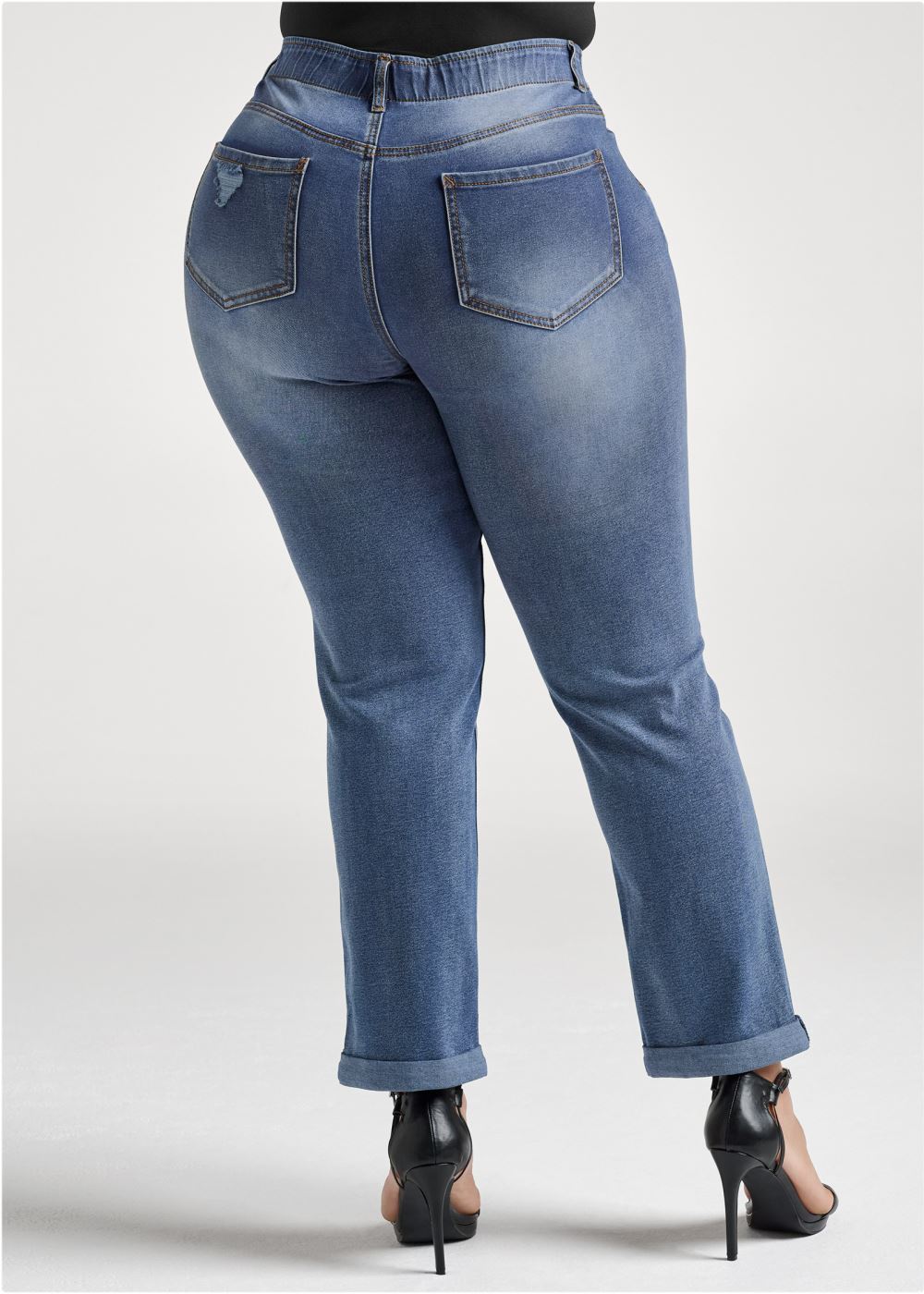 Venus Plus Size Elastic Waistband Cuffed Jeans in Medium Wash