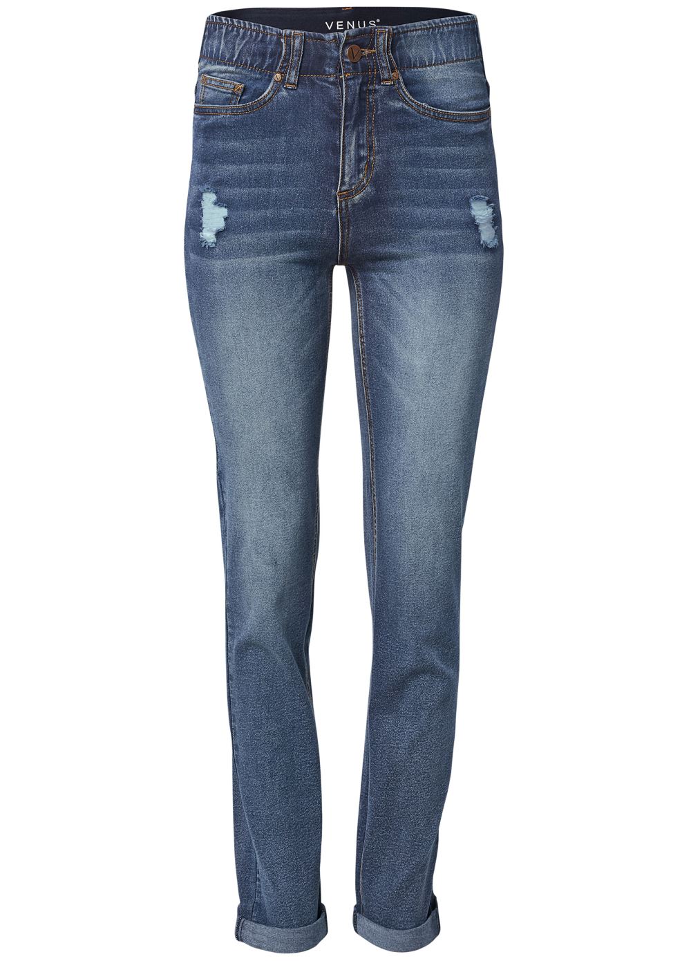 Venus Plus Size Elastic Waistband Cuffed Jeans in Medium Wash