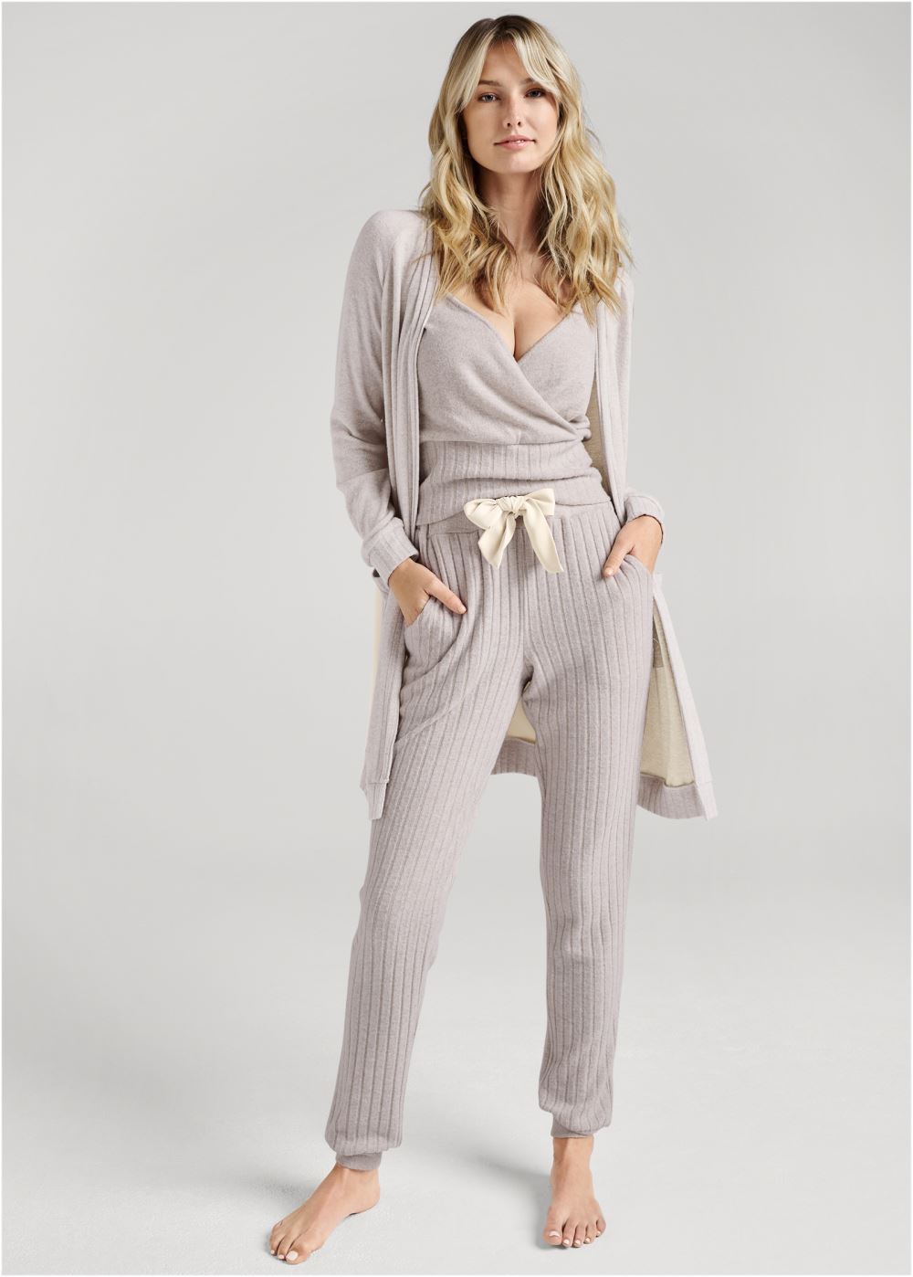 Venus Plus Size Ribbed Hacci Cardigan in Taupe