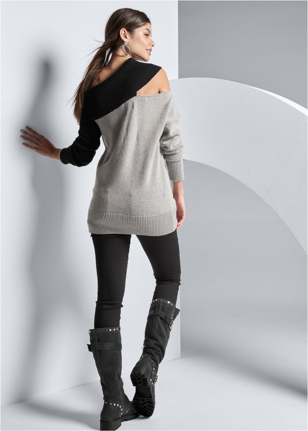 Venus Plus Size One-Shoulder Sweater in Grey & Black