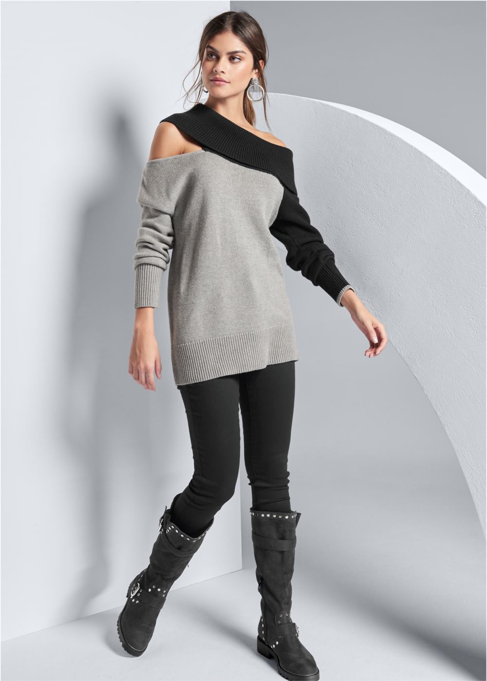 Venus Plus Size One-Shoulder Sweater in Grey & Black