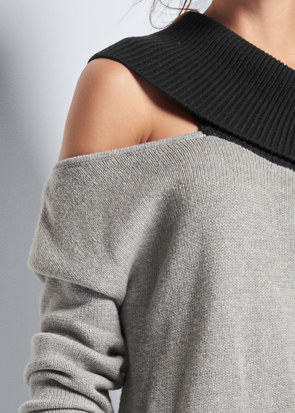 Venus Plus Size One-Shoulder Sweater in Grey & Black