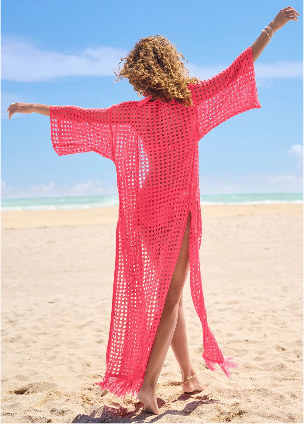 Venus Crochet Kimono Cover-Up in Sunset Pink