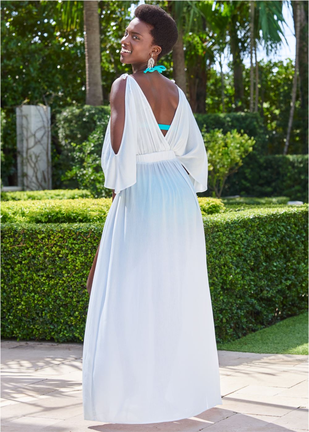 Venus Cold-Shoulder Drape Maxi in Pearl White
